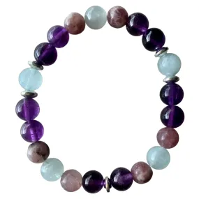 Anxiety Buster Bracelet 8 mm Amethyst, Aquamarine, Lepidolite Round Beads