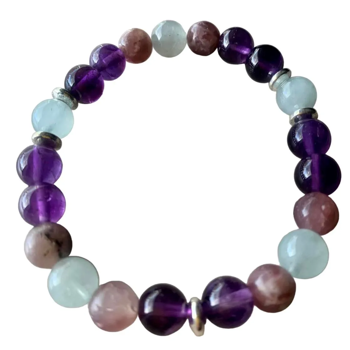 Anxiety Buster Bracelet 8 mm Amethyst, Aquamarine, Lepidolite Round Beads