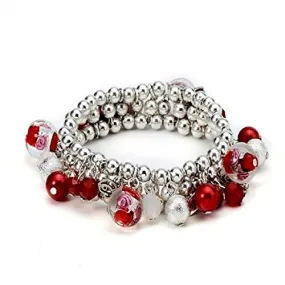Beaded Bracelet Red 3 Row Stretch Beaded Bracelet