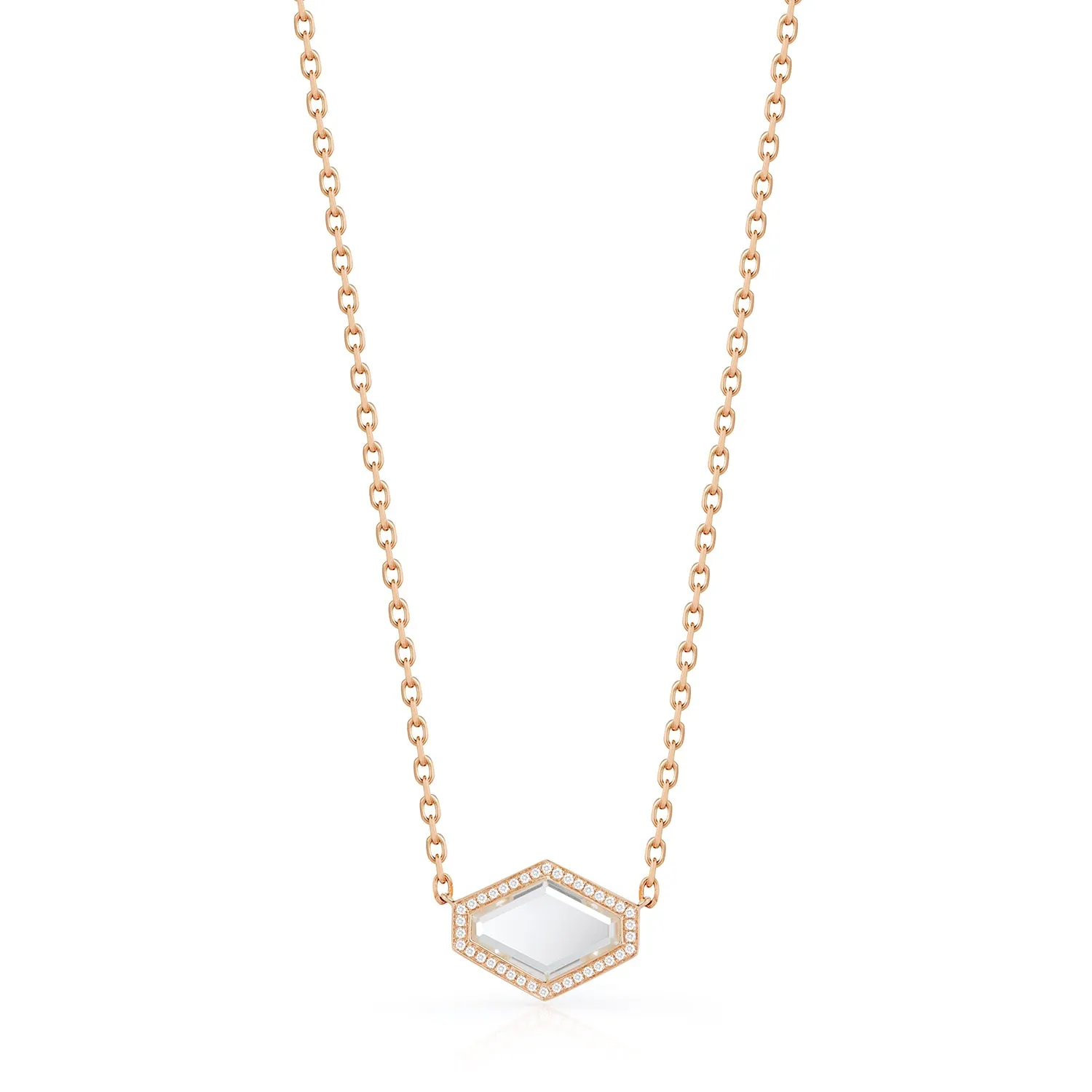 BELL 18K AND DIAMOND ELONGATED HEXAGONAL ROCK CRYSTAL PENDANT