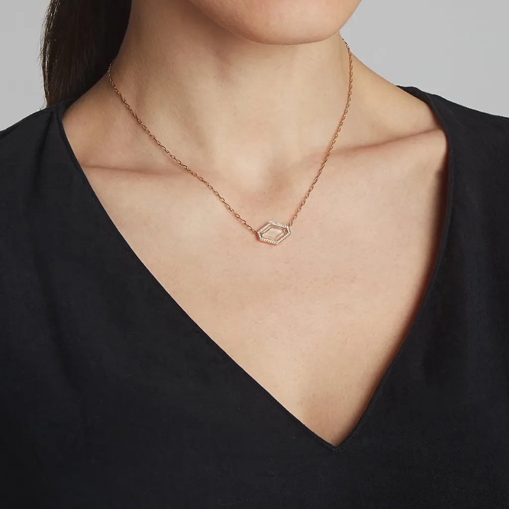 BELL 18K AND DIAMOND ELONGATED HEXAGONAL ROCK CRYSTAL PENDANT