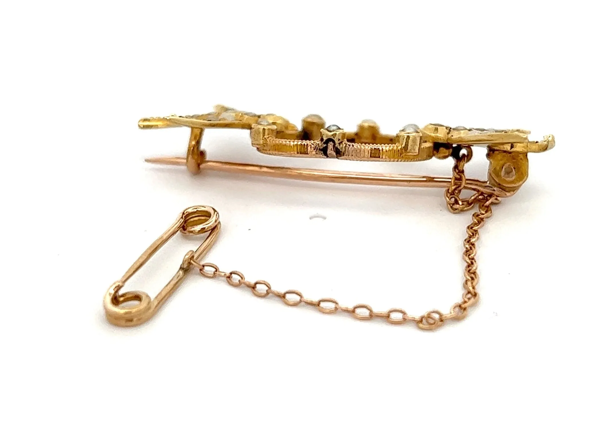 Bird & Heart Seed Pearl 9ct Yellow Gold Brooch