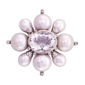 Brooch- Rock Crystal, S.S. Pearl and Diamond in Silver