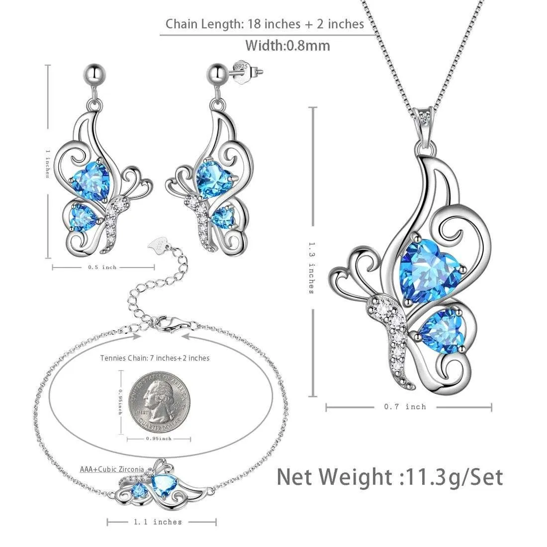 Butterfly Birthstone March Aquamarine Jewelry Set 4PCS Women Girls Birthday Gift