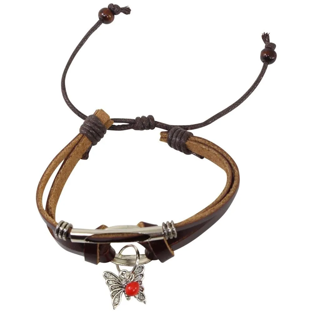 Butterfly Charm Adjustable Leather Bracelet for Women w/Huayruro Seed