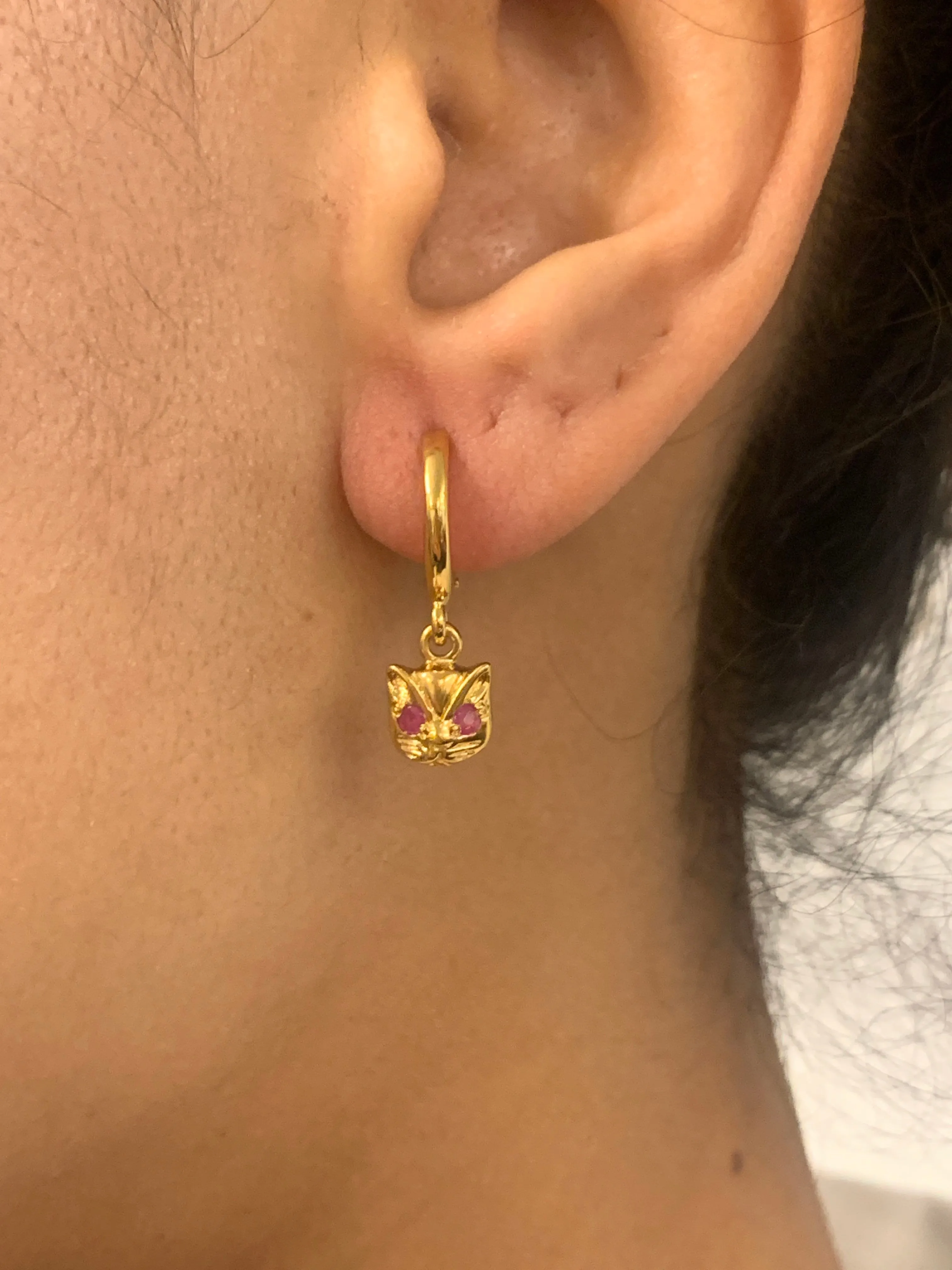 Cat Charm Earrings -Natural Ruby Earrings, Gold Cat Earring