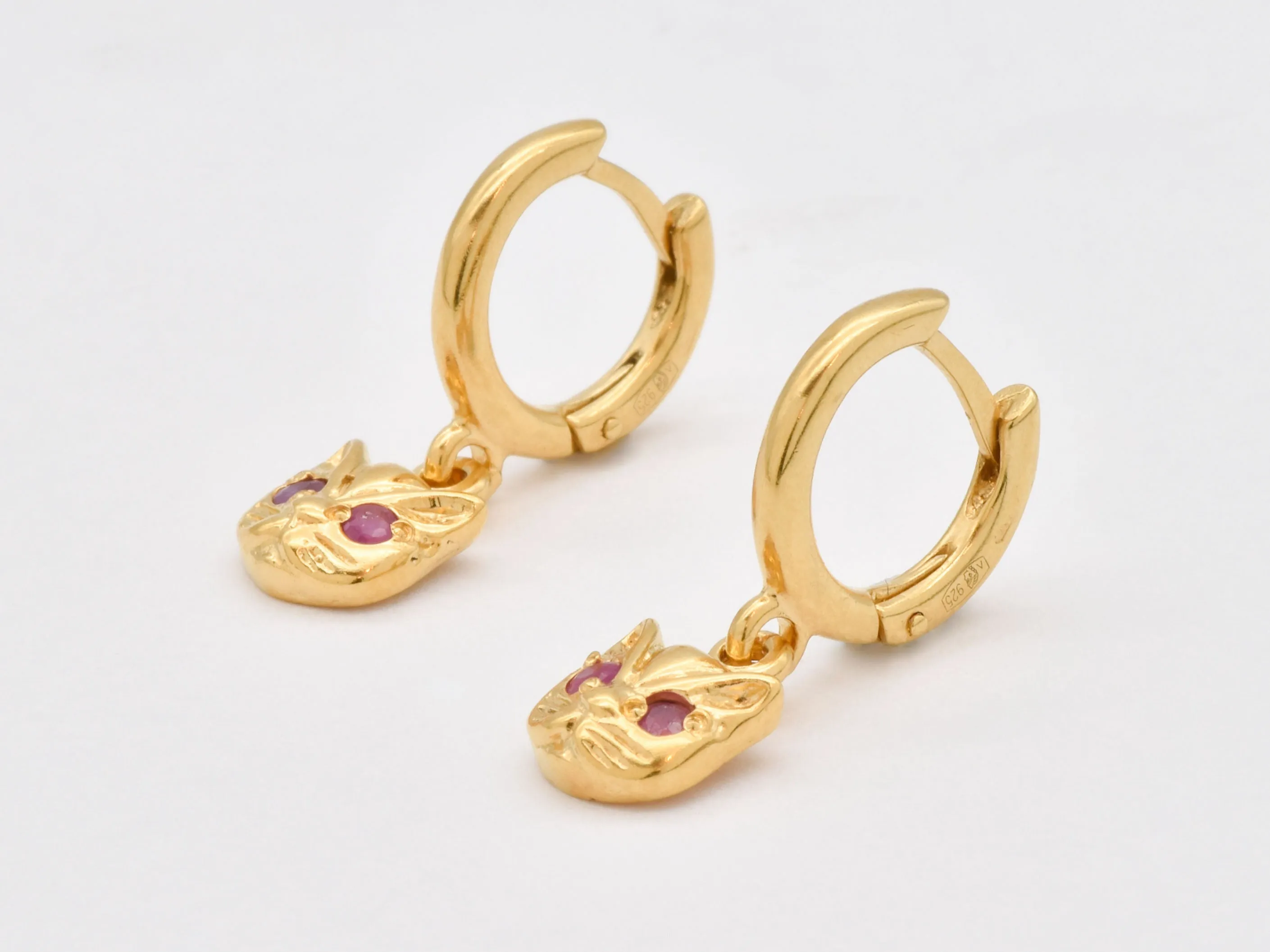 Cat Charm Earrings -Natural Ruby Earrings, Gold Cat Earring