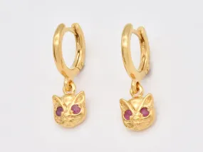 Cat Charm Earrings -Natural Ruby Earrings, Gold Cat Earring