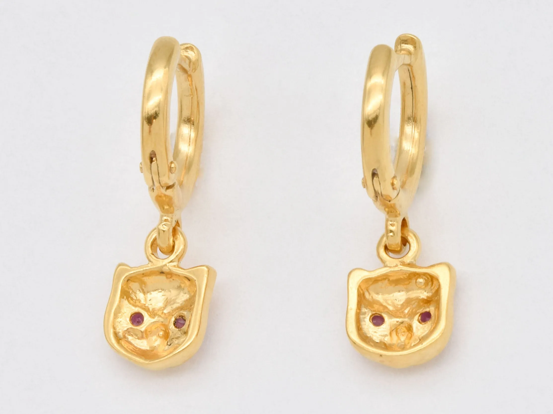 Cat Charm Earrings -Natural Ruby Earrings, Gold Cat Earring