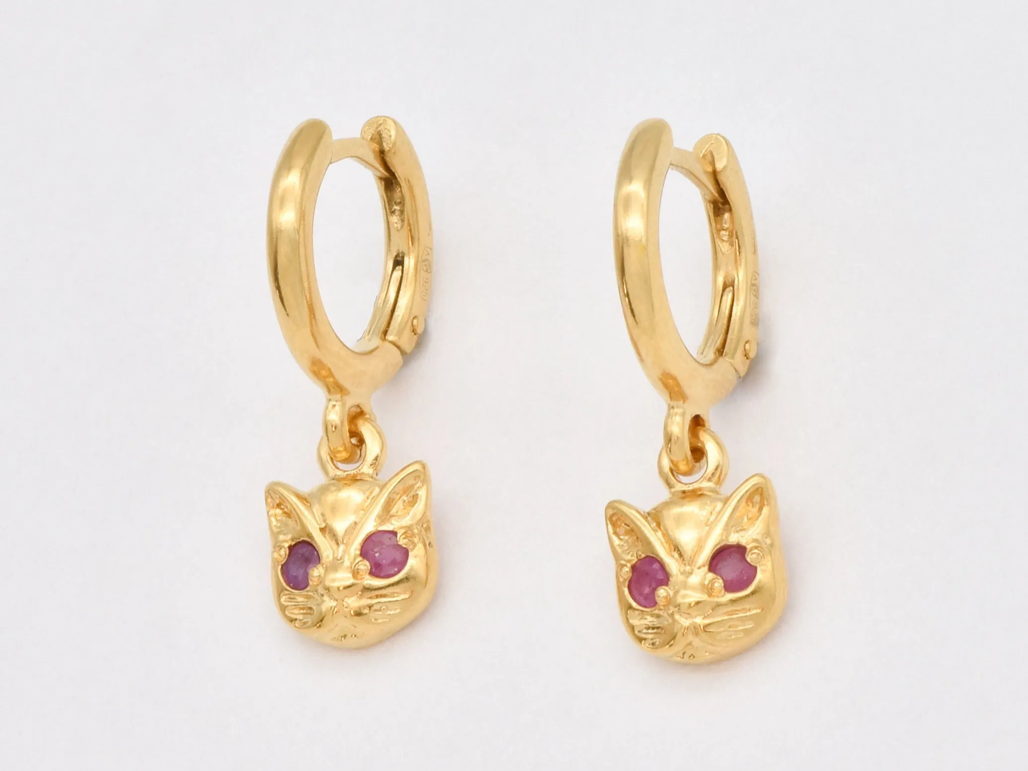 Cat Charm Earrings -Natural Ruby Earrings, Gold Cat Earring