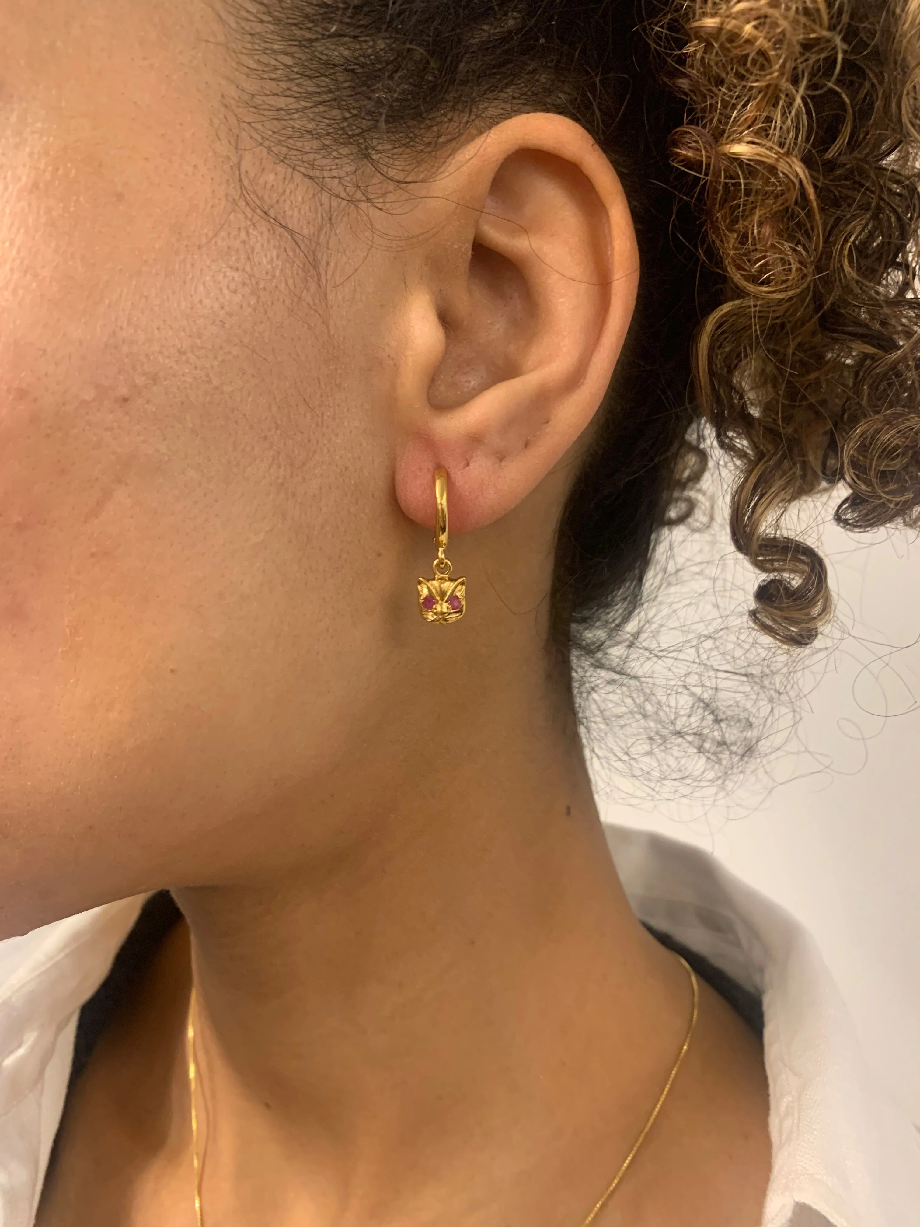 Cat Charm Earrings -Natural Ruby Earrings, Gold Cat Earring