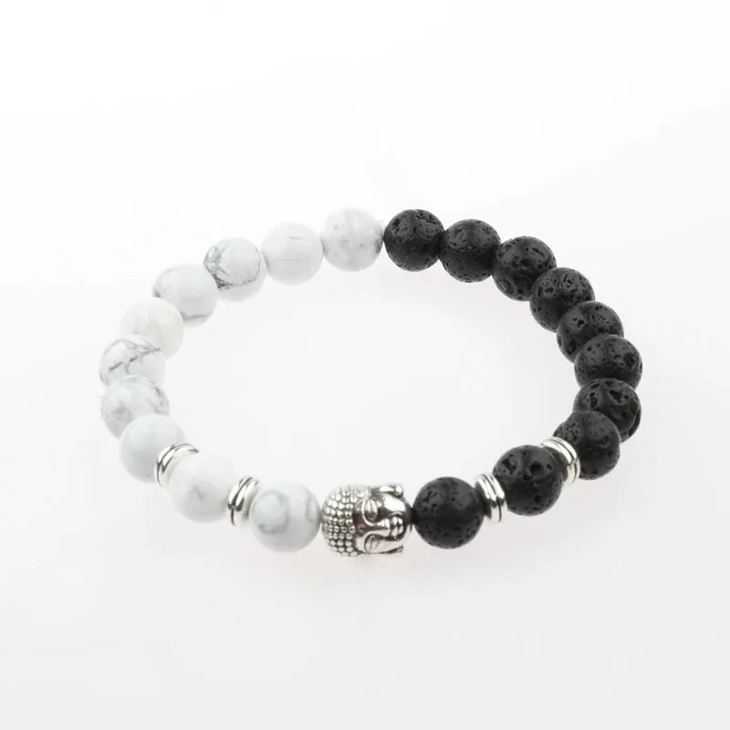 Charm Buddha&Evil Eye Bracelet Women 8mm Elastic Round Bright Black Stone Chakra Bracelets Men Erkek Bileklik Homme