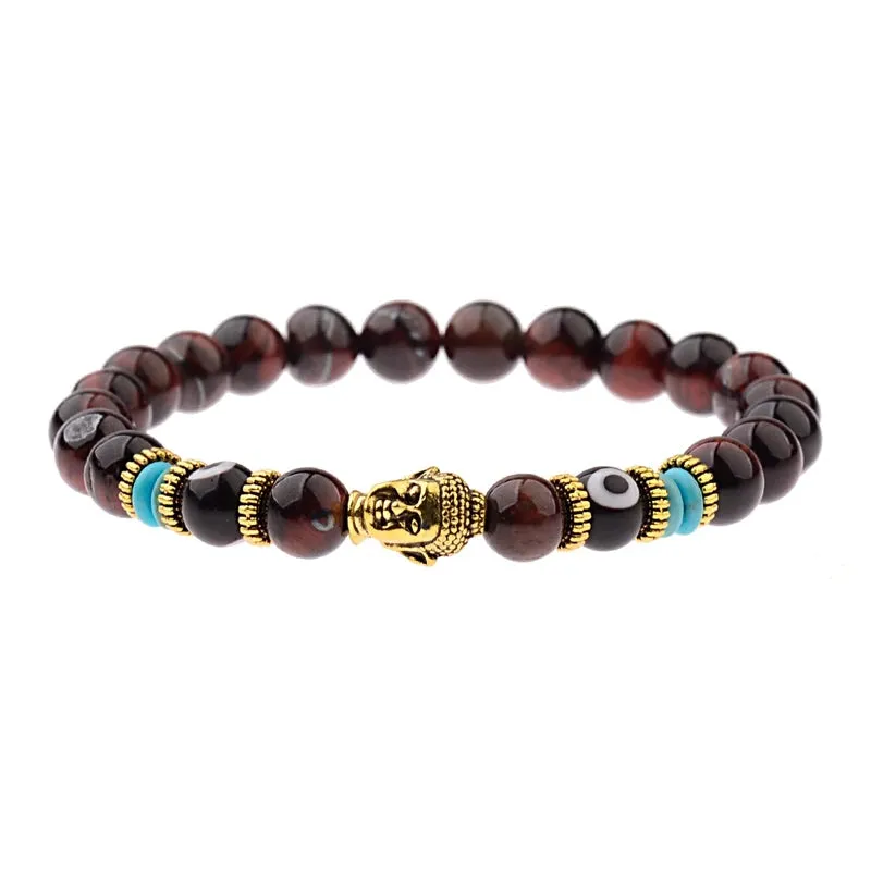 Charm Buddha&Evil Eye Bracelet Women 8mm Elastic Round Bright Black Stone Chakra Bracelets Men Erkek Bileklik Homme