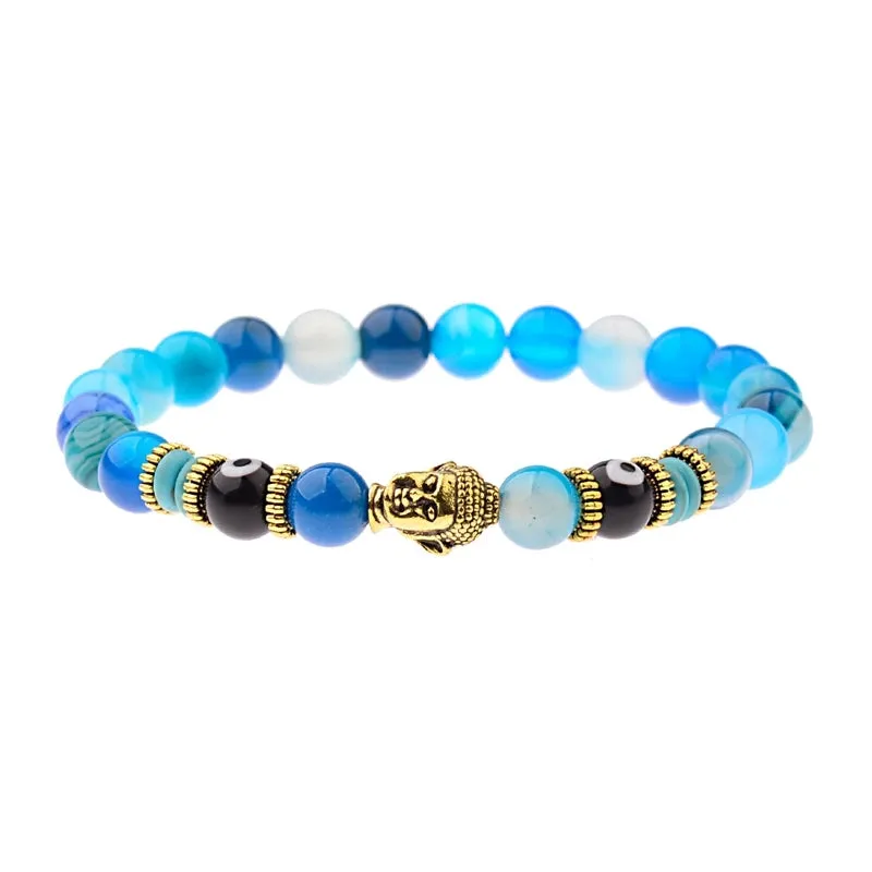 Charm Buddha&Evil Eye Bracelet Women 8mm Elastic Round Bright Black Stone Chakra Bracelets Men Erkek Bileklik Homme