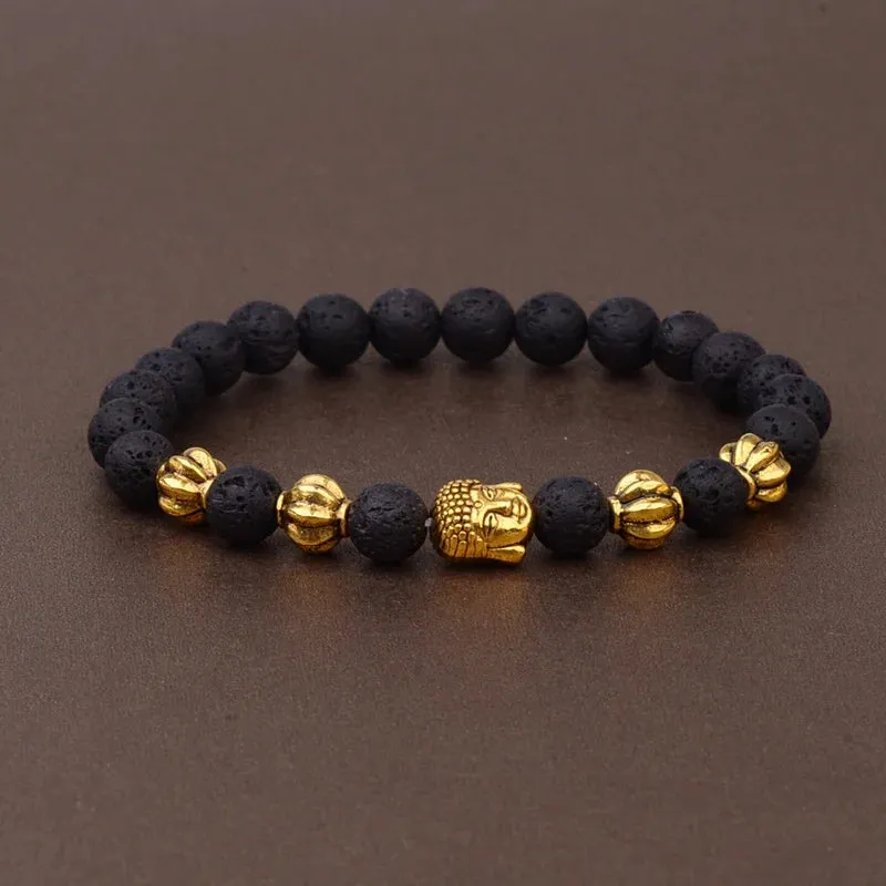 Charm Buddha&Evil Eye Bracelet Women 8mm Elastic Round Bright Black Stone Chakra Bracelets Men Erkek Bileklik Homme
