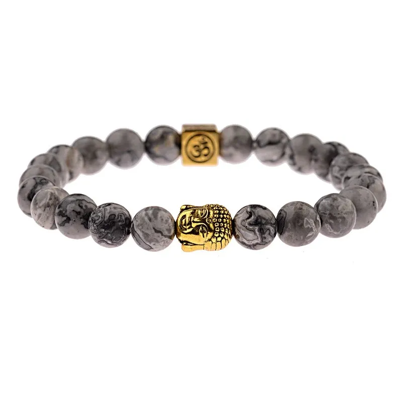 Charm Buddha&Evil Eye Bracelet Women 8mm Elastic Round Bright Black Stone Chakra Bracelets Men Erkek Bileklik Homme