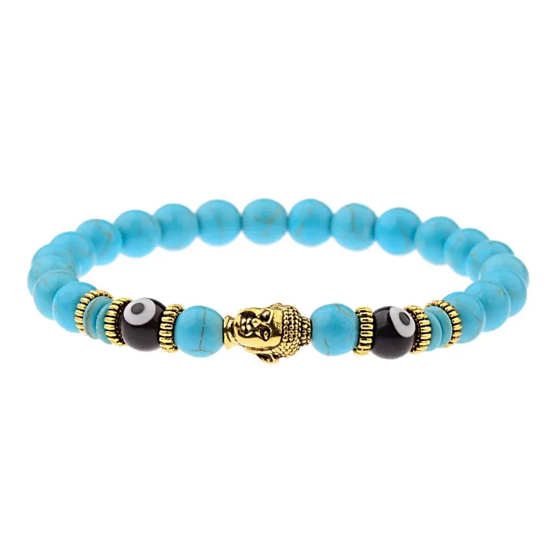 Charm Buddha&Evil Eye Bracelet Women 8mm Elastic Round Bright Black Stone Chakra Bracelets Men Erkek Bileklik Homme