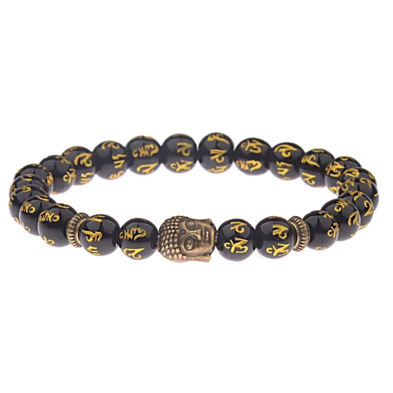 Charm Buddha&Evil Eye Bracelet Women 8mm Elastic Round Bright Black Stone Chakra Bracelets Men Erkek Bileklik Homme
