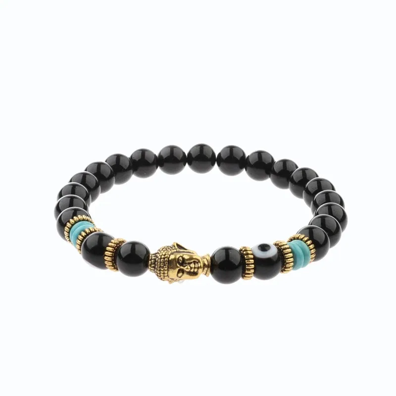 Charm Buddha&Evil Eye Bracelet Women 8mm Elastic Round Bright Black Stone Chakra Bracelets Men Erkek Bileklik Homme