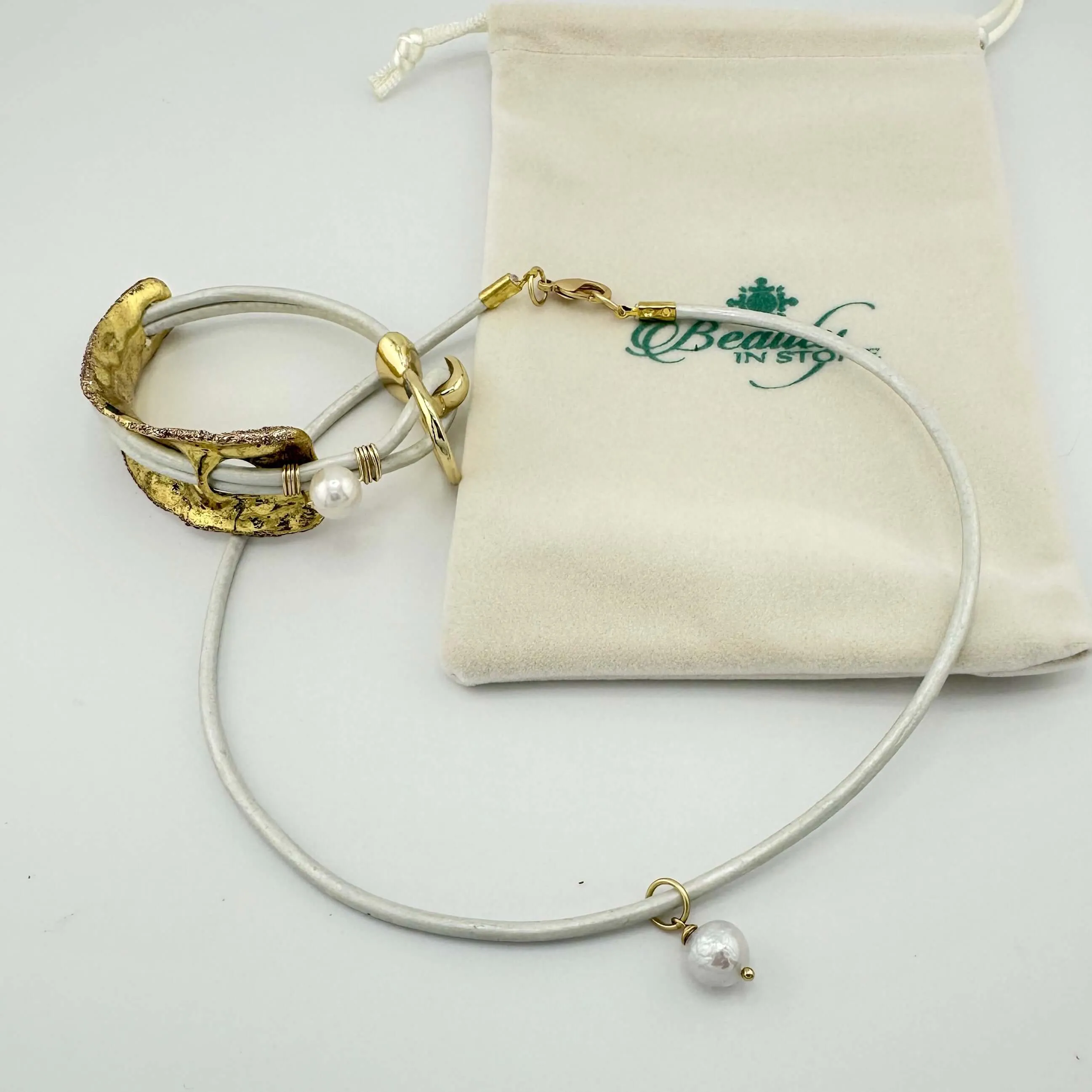 Curved Cuff Bracelet, Pearl Necklace, or Set