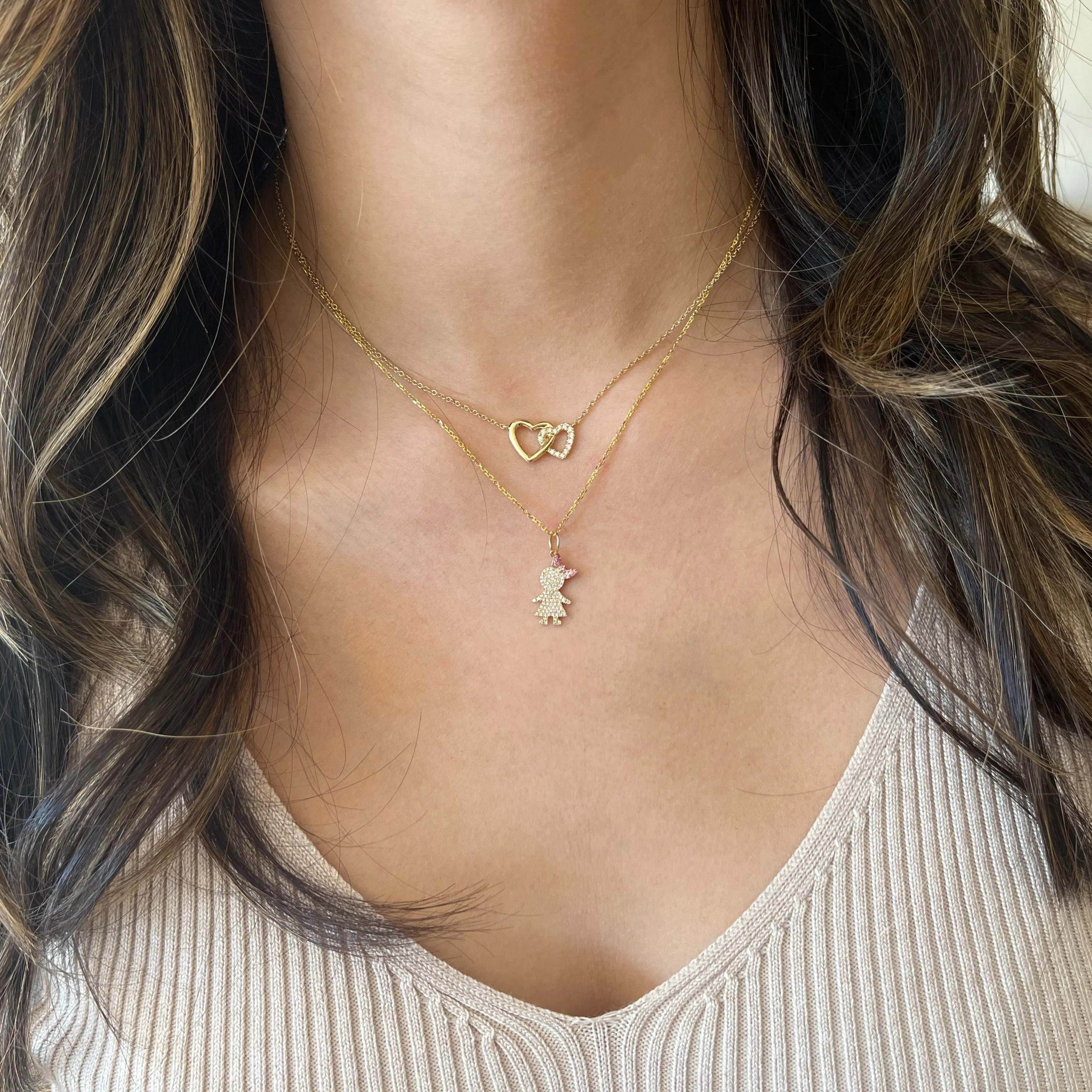 Diamond & Gold Interlocking Open Hearts Pendant Necklace
