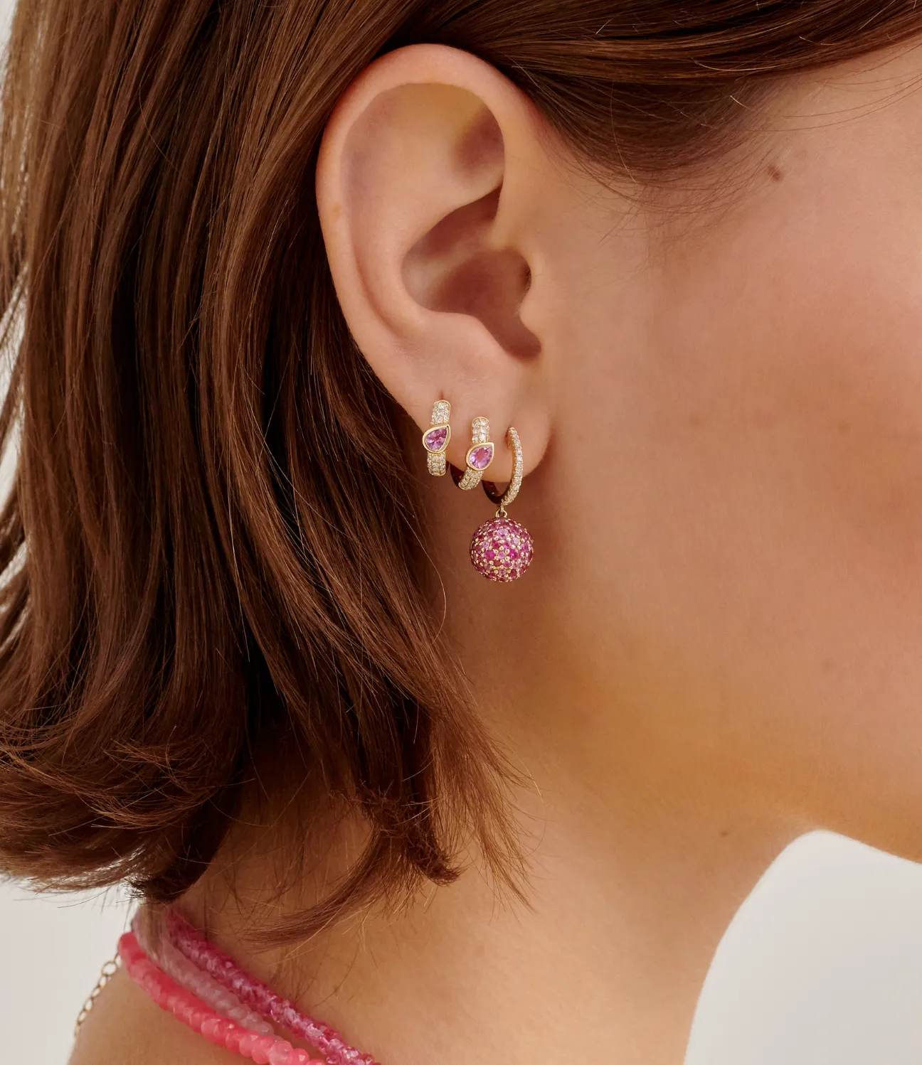Diamond & Pink Sapphire Bauble Hoop Earrings