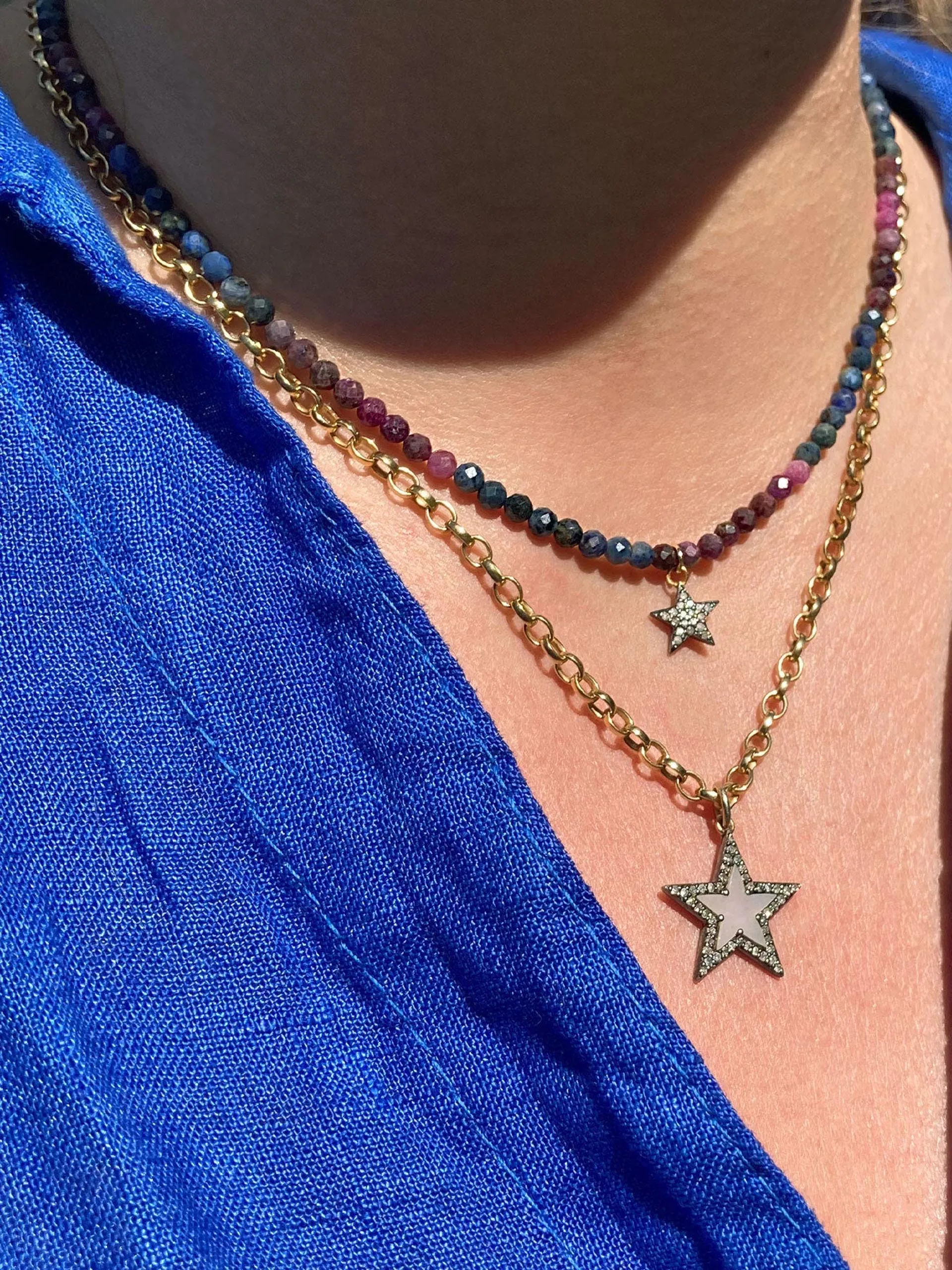 Diamond star and ruby sapphire bead necklace