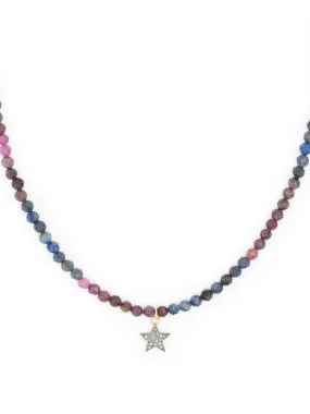 Diamond star and ruby sapphire bead necklace