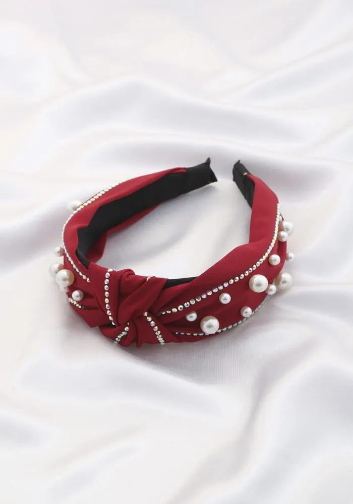 Elizabeth Embellished Center Knott Headband - Red Color and Pearls