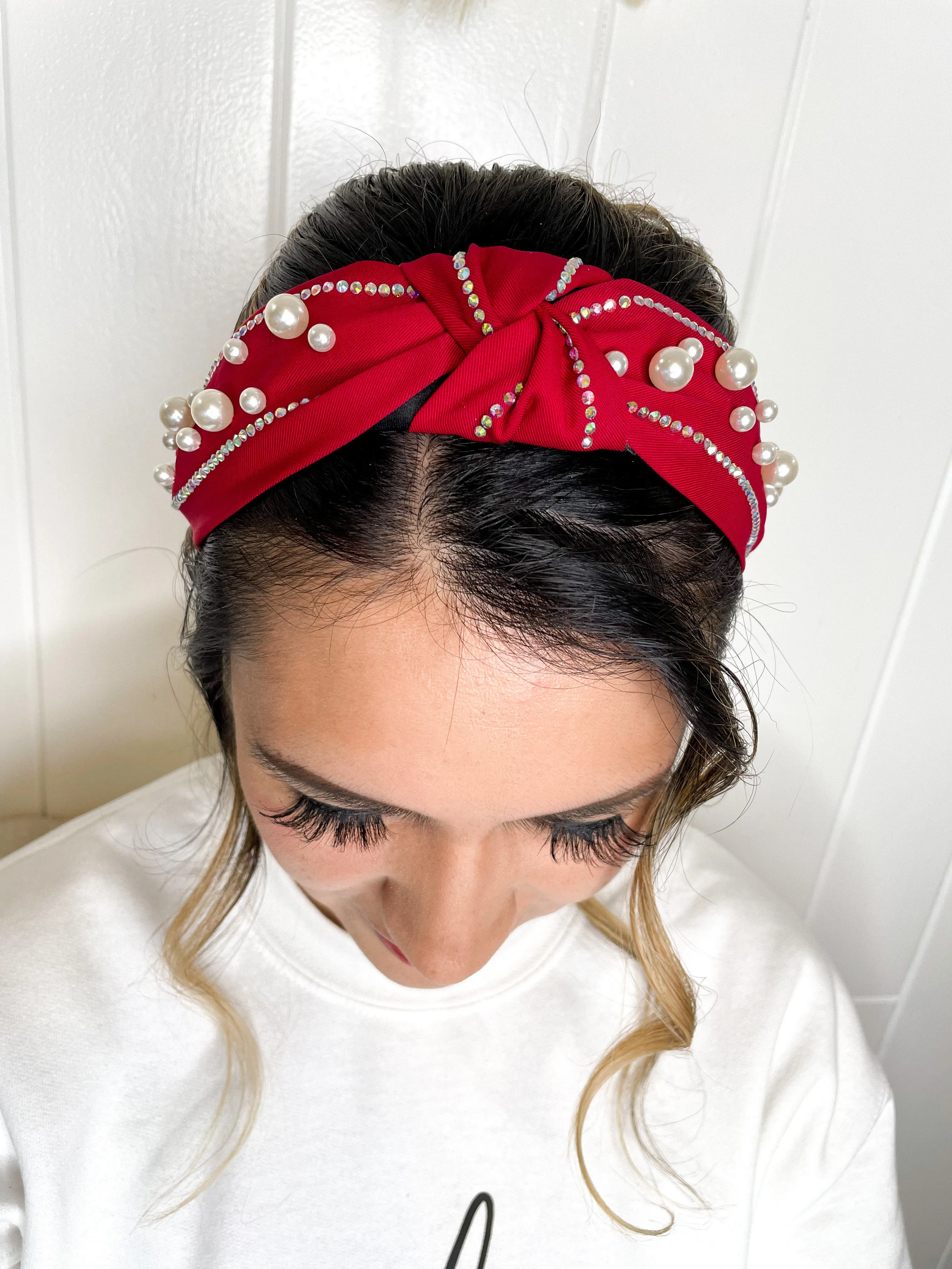 Elizabeth Embellished Center Knott Headband - Red Color and Pearls