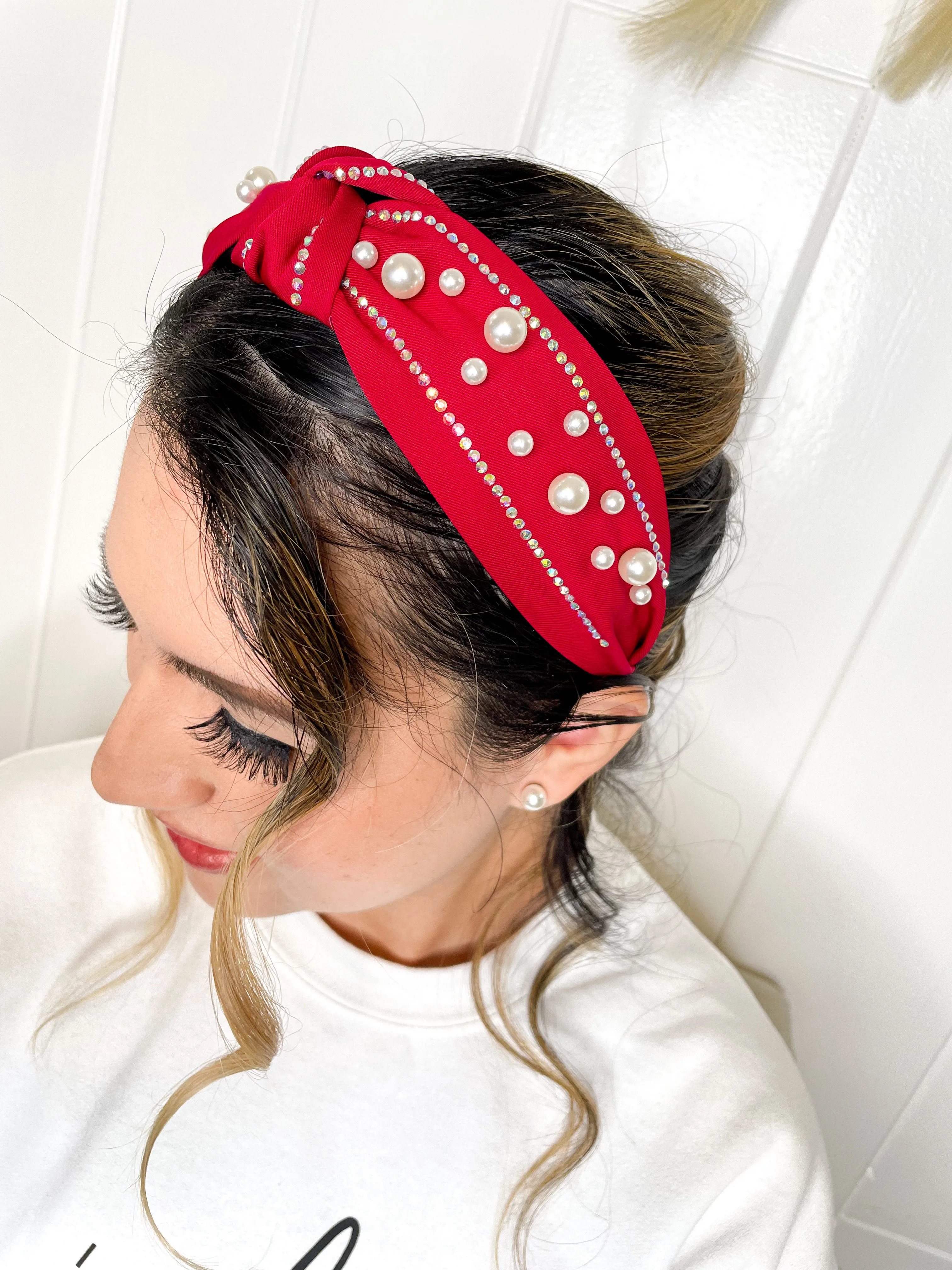 Elizabeth Embellished Center Knott Headband - Red Color and Pearls