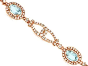 ESTATE WIDE 3.94CT DIAMOND & AAA AQUAMARINE 14KT ROSE GOLD HALO TENNIS BRACELET