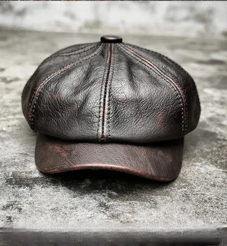 Genuine Leather Octagonal Cap Distressed Beret