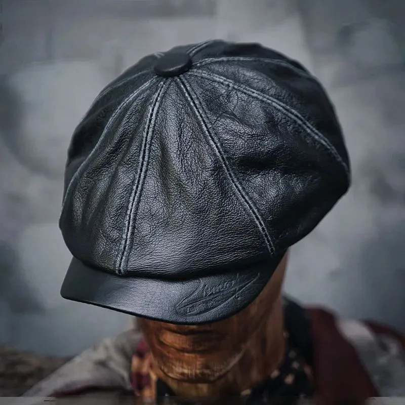 Genuine Leather Octagonal Cap Distressed Beret