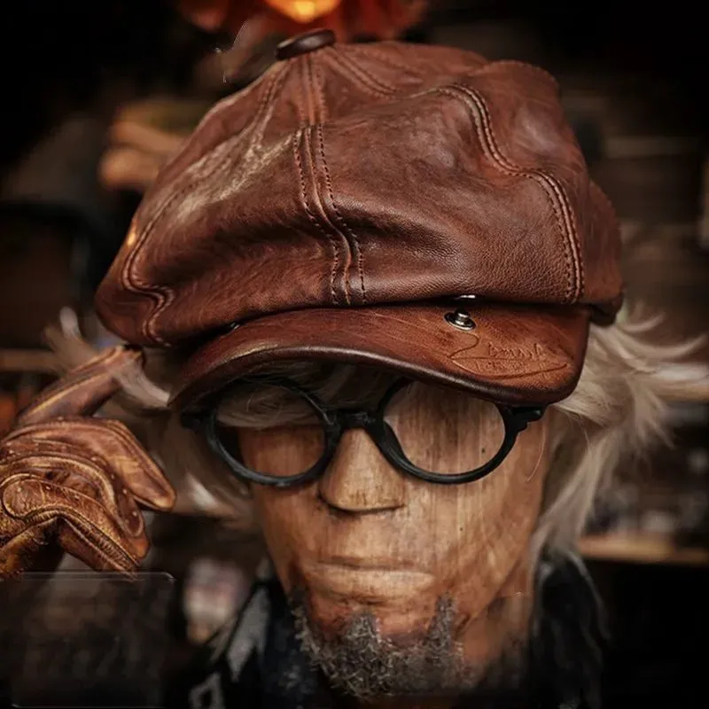 Genuine Leather Octagonal Cap Distressed Beret
