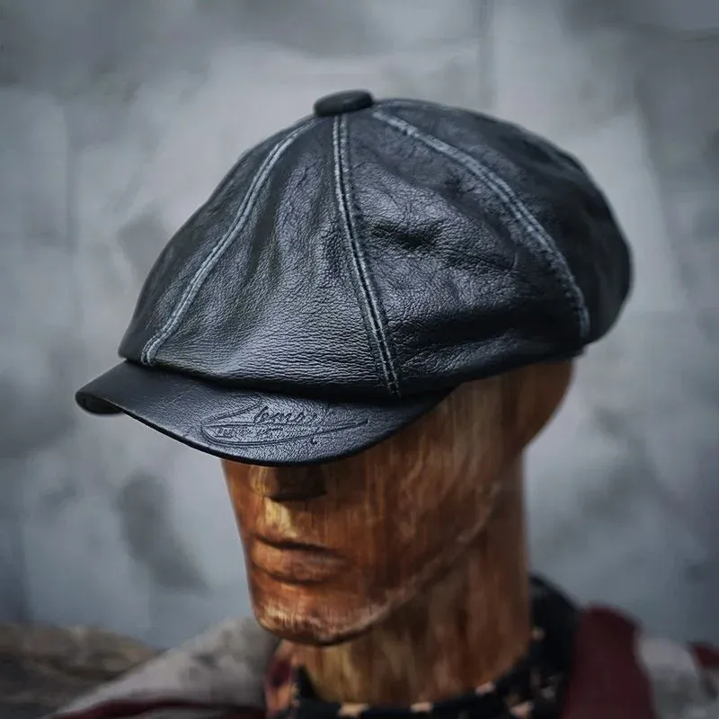 Genuine Leather Octagonal Cap Distressed Beret