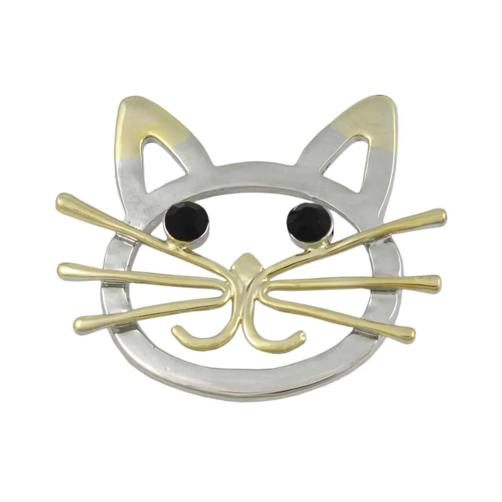 Gold and Silver Cat Head with Black Eyes Brooch Pin - PRC421