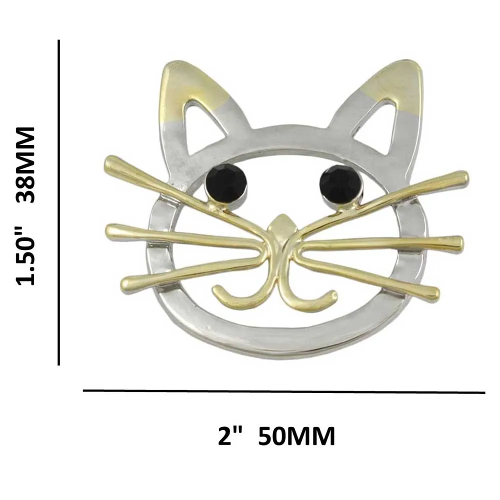 Gold and Silver Cat Head with Black Eyes Brooch Pin - PRC421