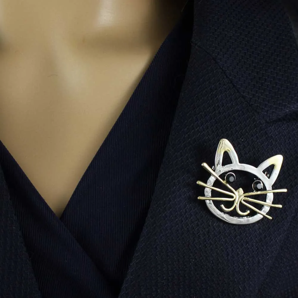 Gold and Silver Cat Head with Black Eyes Brooch Pin - PRC421