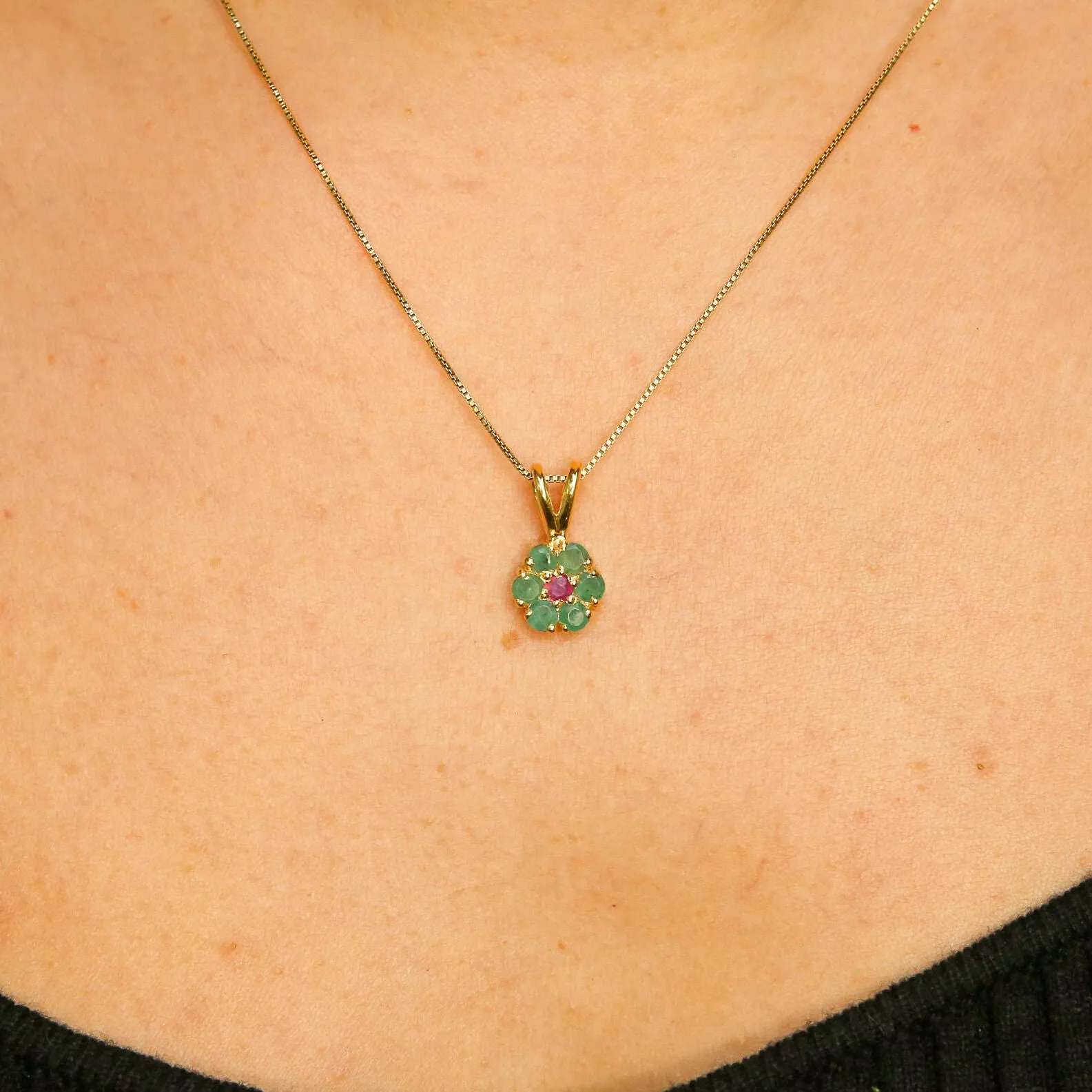 Gold Emerald Flower Pendant - Natural Emerald Necklace, May Birthstone Necklace