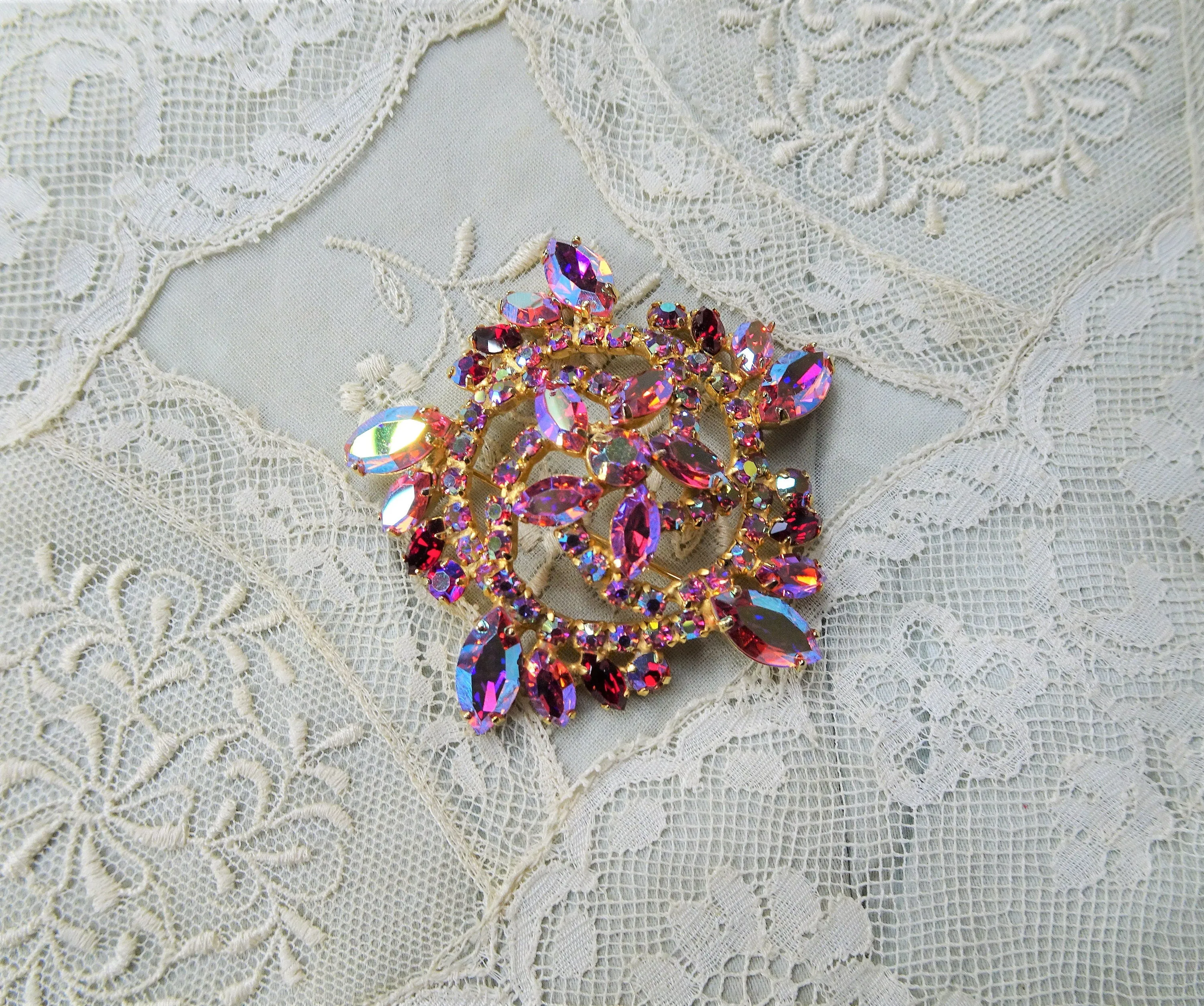 GORGEOUS Brooch,Large Glittering PINK AB Rhinestone Brooch,Prong Set,Brilliant Rhinestones,Dazzling Swarovski Crystal,Collectible Jewelry