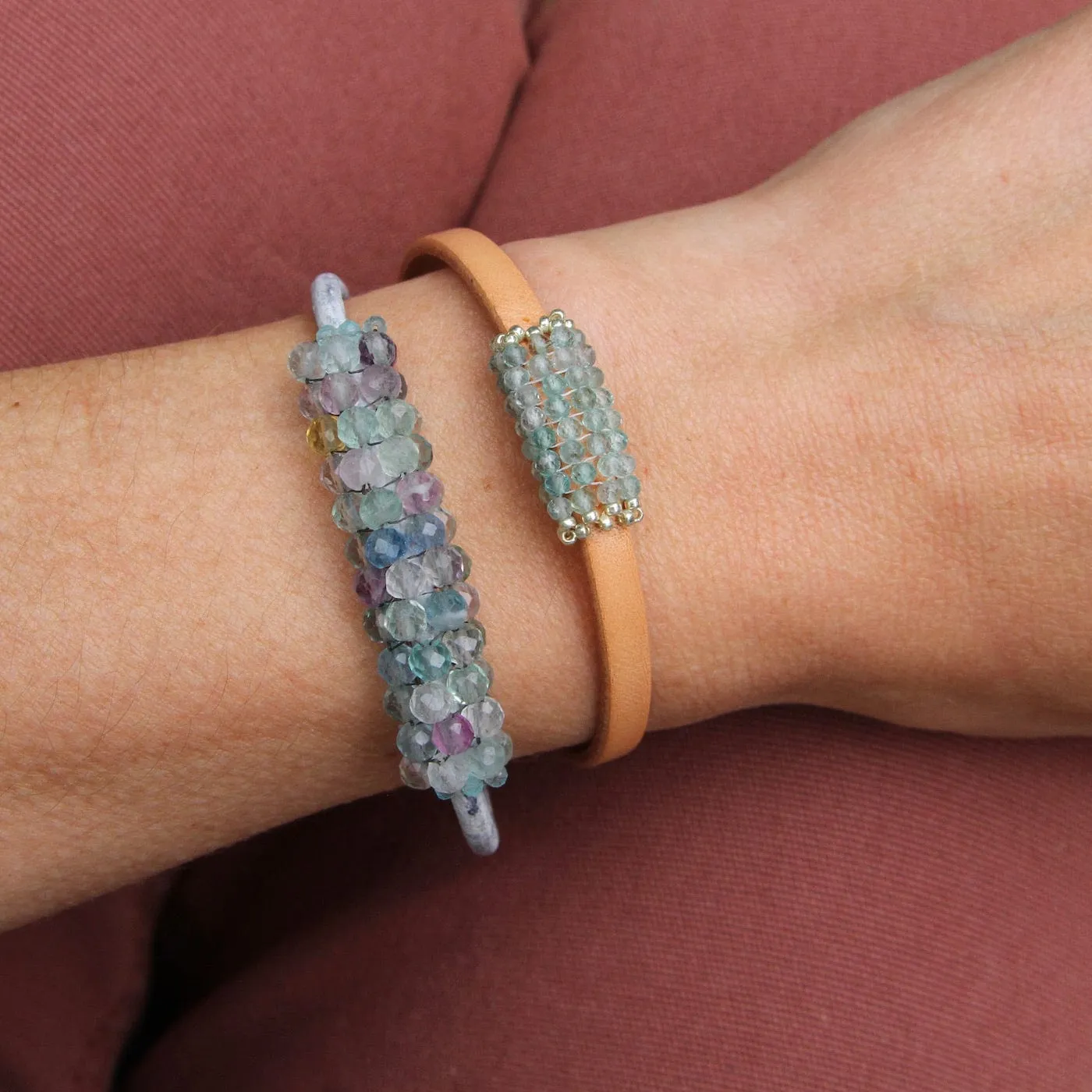 Hand Stitched Faceted Round Fluorite & Aquamarine Bracelet