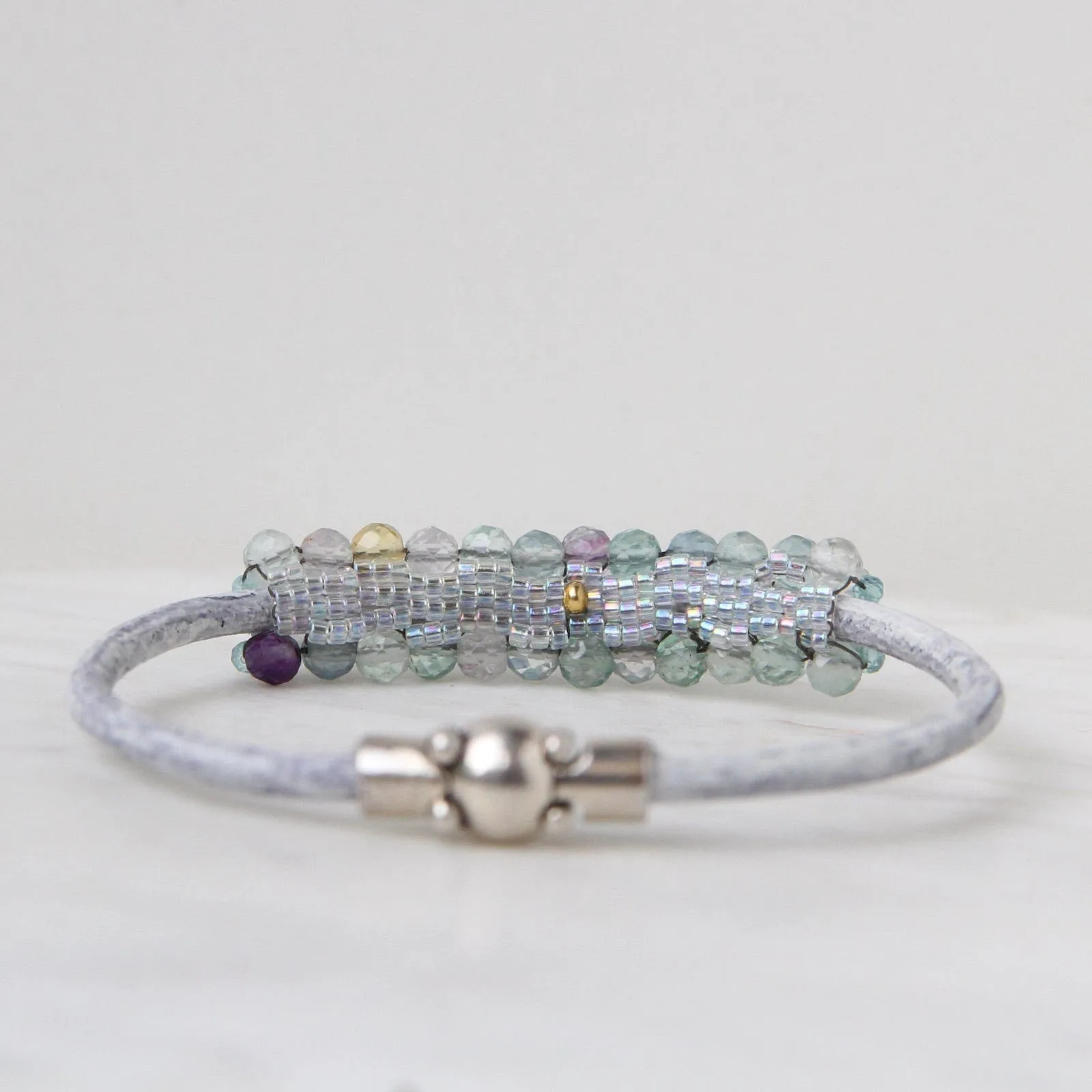Hand Stitched Faceted Round Fluorite & Aquamarine Bracelet
