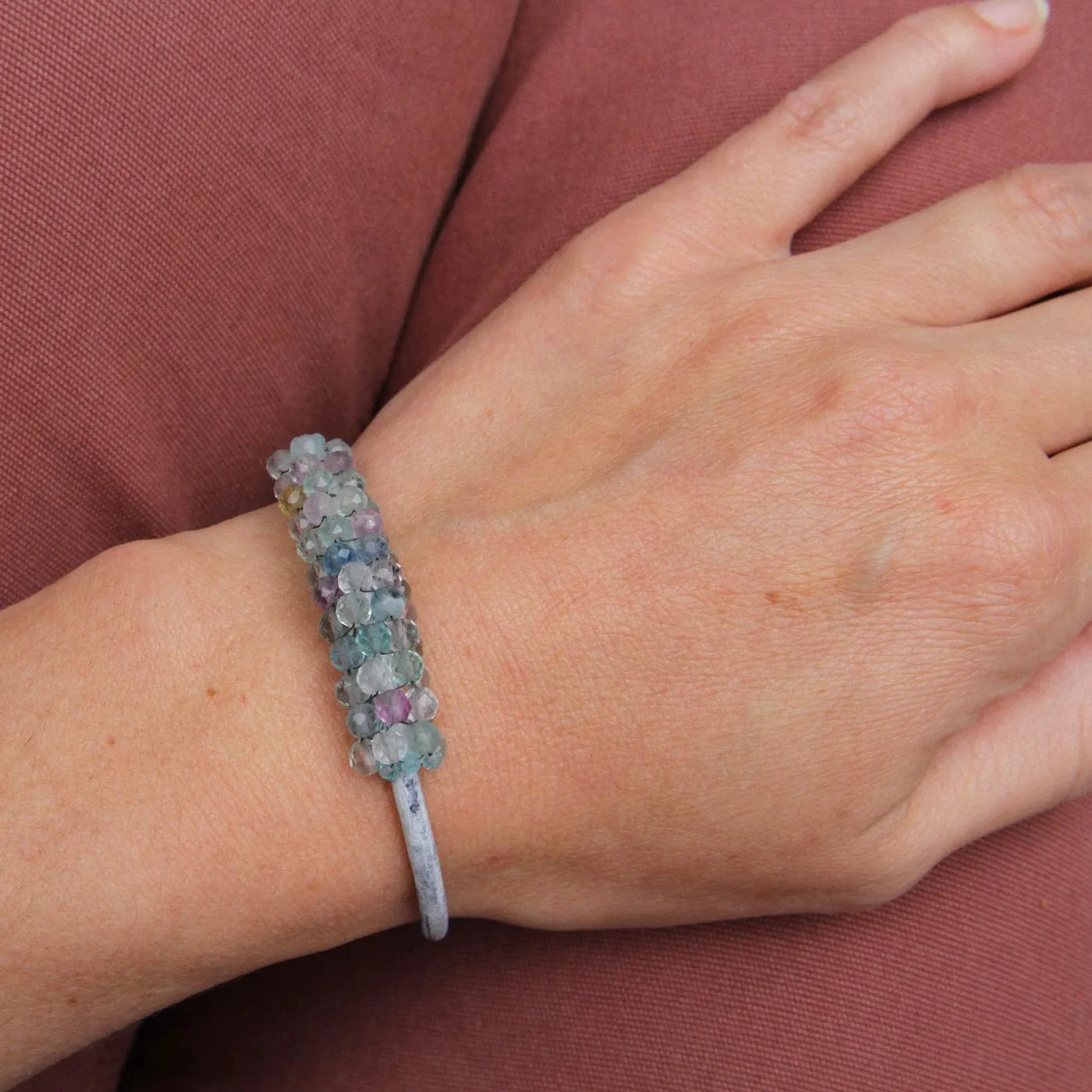 Hand Stitched Faceted Round Fluorite & Aquamarine Bracelet