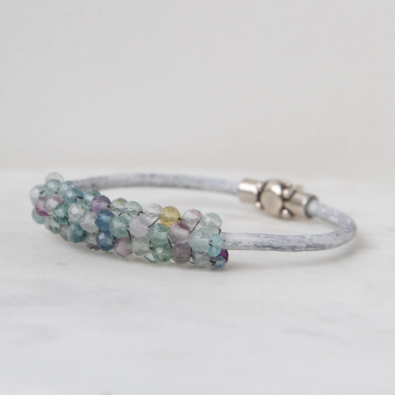 Hand Stitched Faceted Round Fluorite & Aquamarine Bracelet