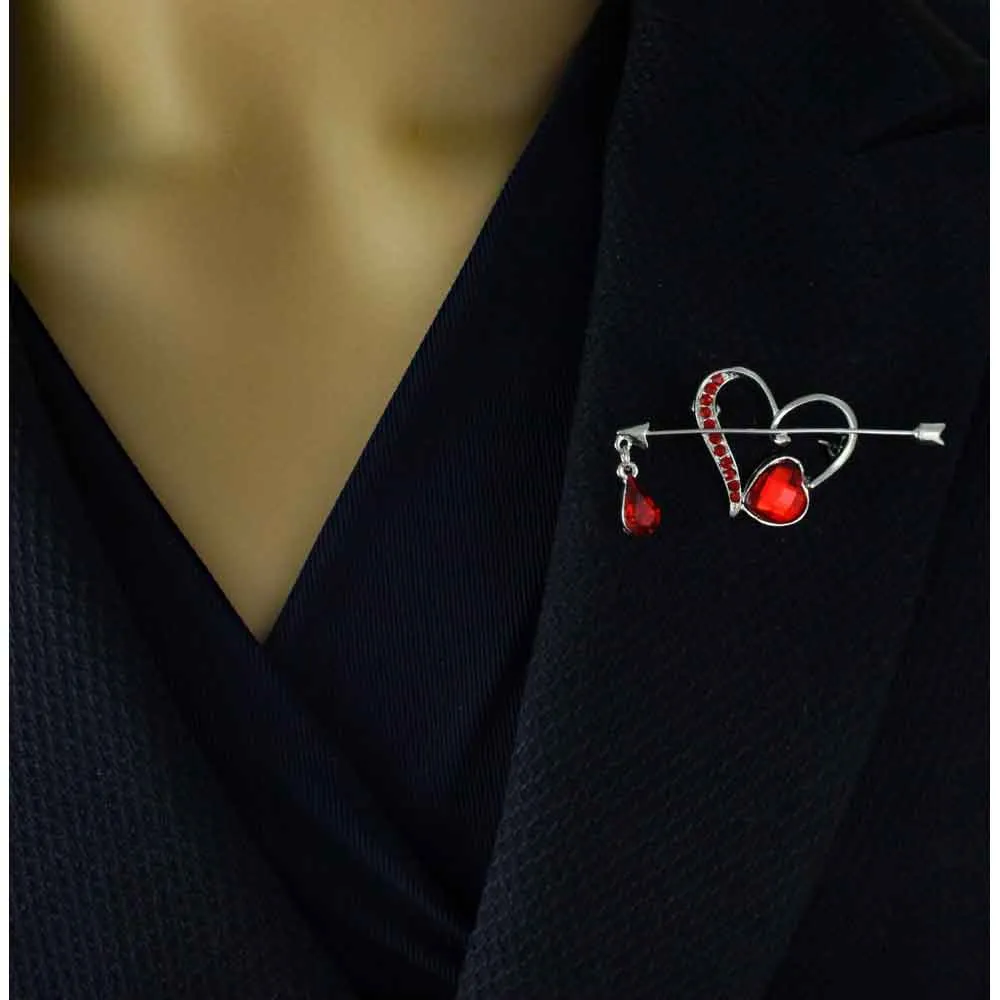 Heart with Red Crystal Bleeding Arrow Brooch Pin - PRH906