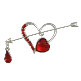 Heart with Red Crystal Bleeding Arrow Brooch Pin - PRH906