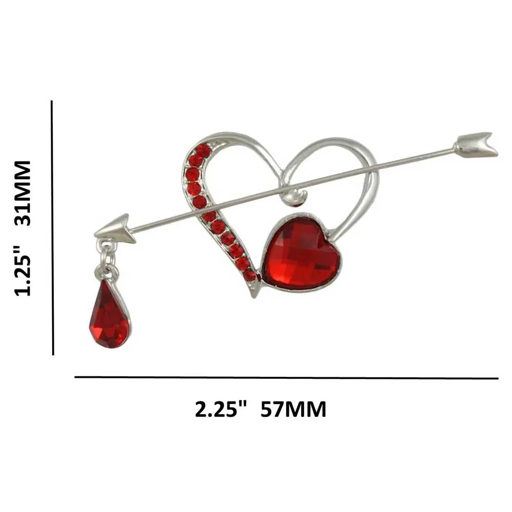 Heart with Red Crystal Bleeding Arrow Brooch Pin - PRH906