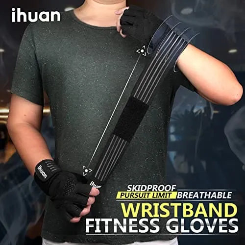 ihuan Ventilated Weight Lifting Gym Workout Gloves Full Finger with Wrist Wrap Support for Men & Women, Full Palm Protection, for Weightlifting, Training, Fitness, Hanging, Pull ups