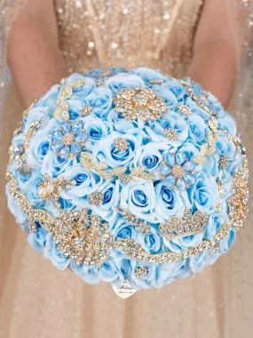 Light Blue Gold  quinceanera bouquet 9 inches